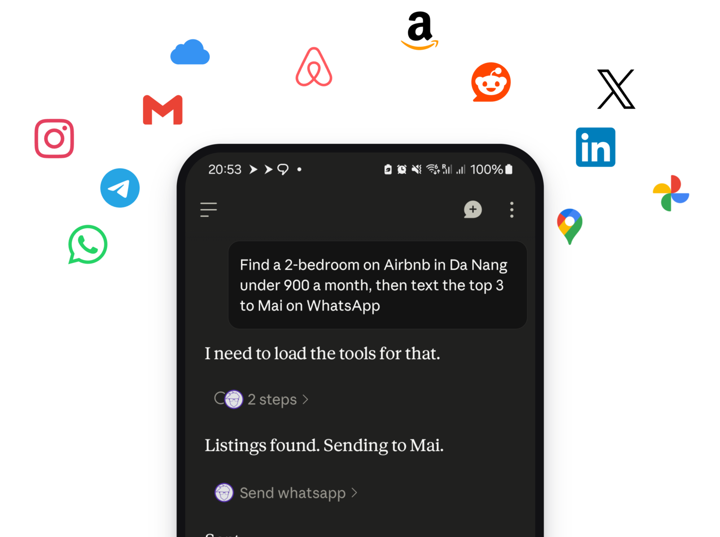 A phone running Claude: asked to find a 2-bed on Airbnb in Da Nang and text the top 3 to Mai on WhatsApp, surrounded by WhatsApp, Telegram, Instagram, Gmail, iCloud, Airbnb, Amazon, Reddit, X, LinkedIn, Google Photos and Google Maps